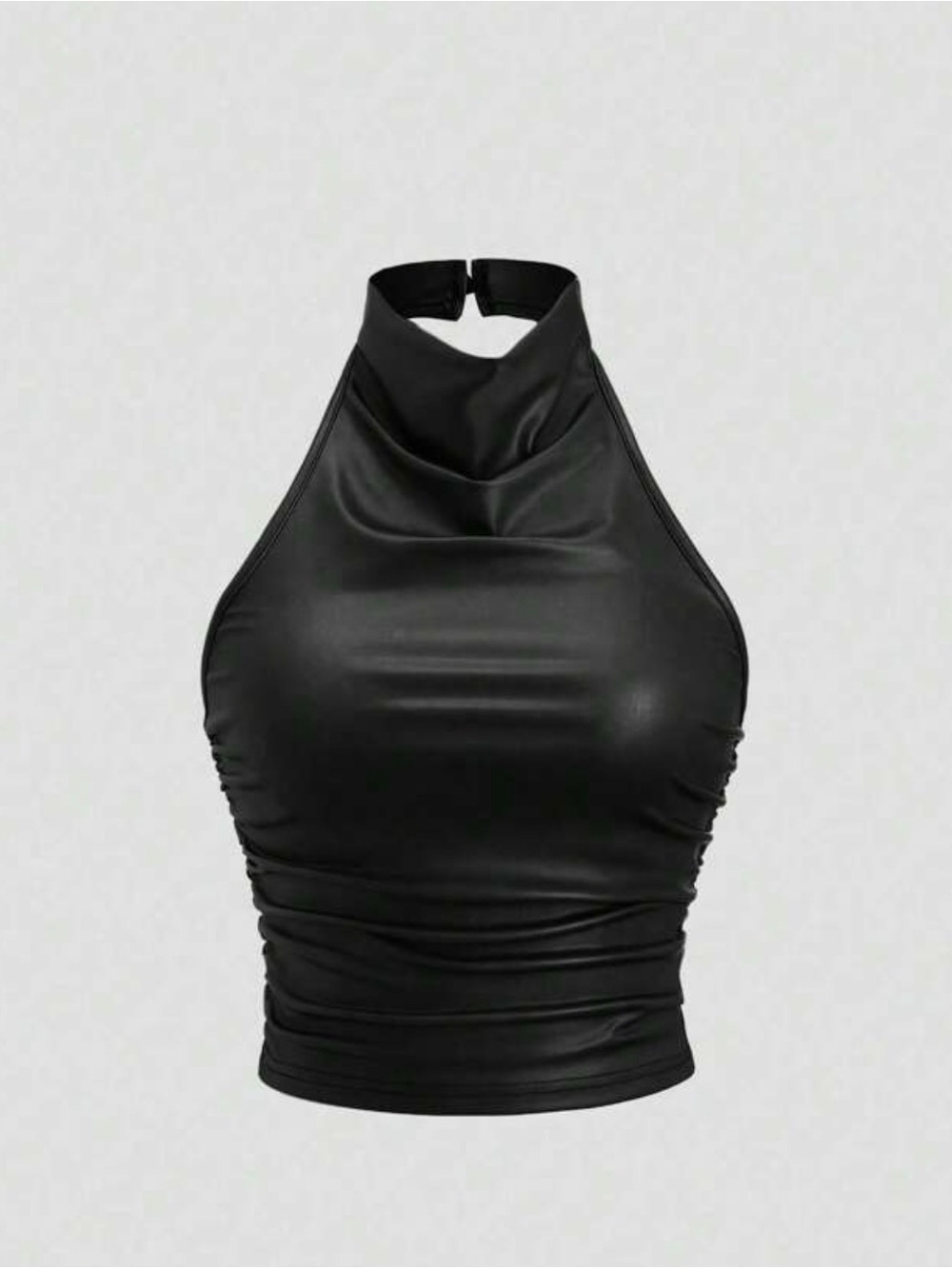 Sleeveless High Neck Black Faux Leather Halter Top
